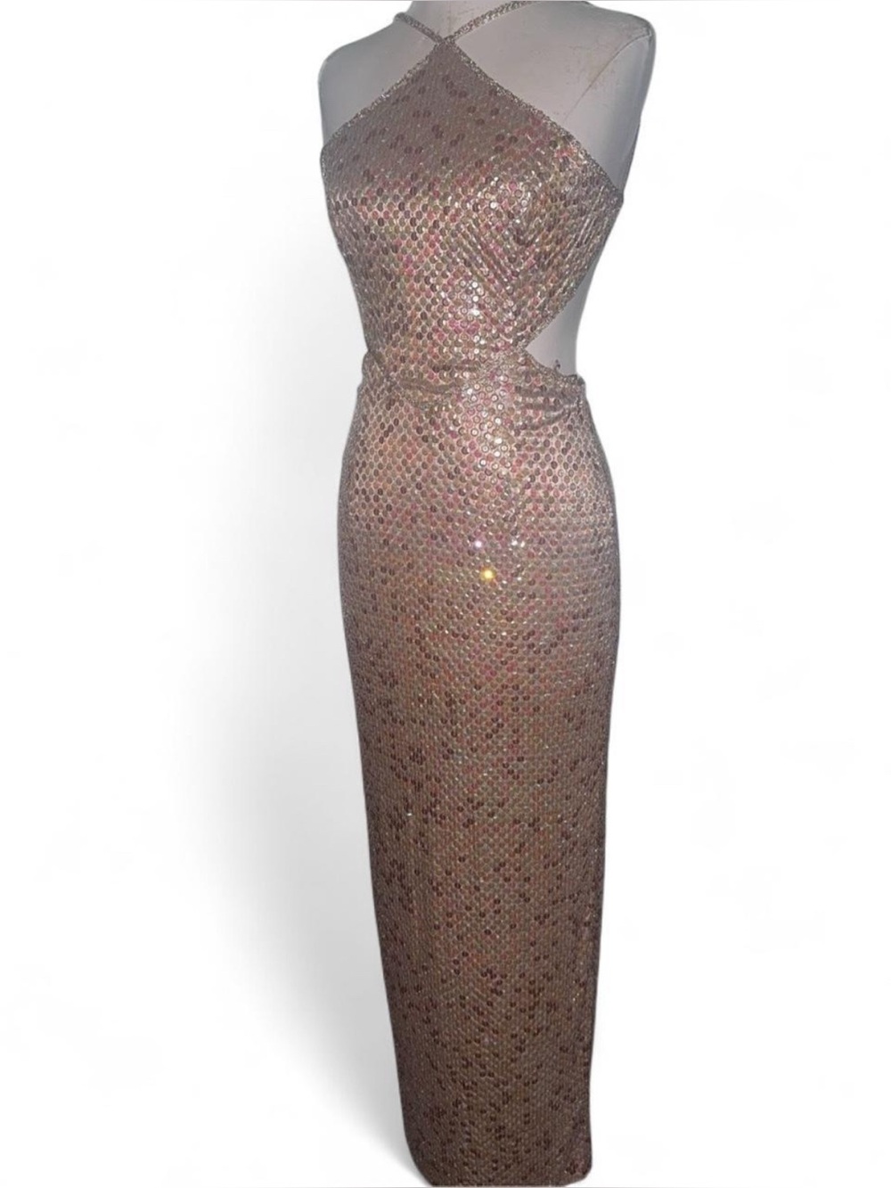 Insane Y2K  goddess gown covered in iridescent blush sequins